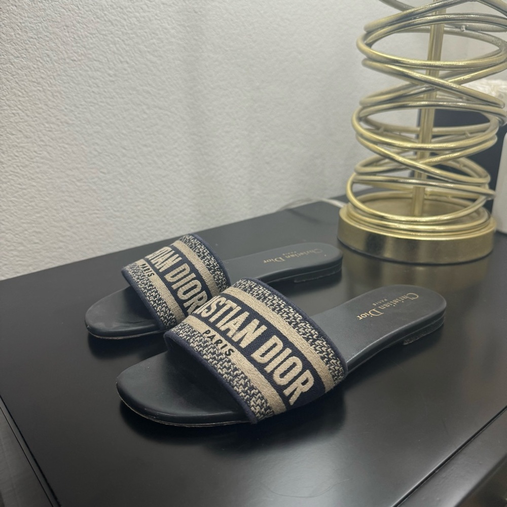 Christian Dior Dway Slide Sandal Embroidered Logo Navy 37.5
